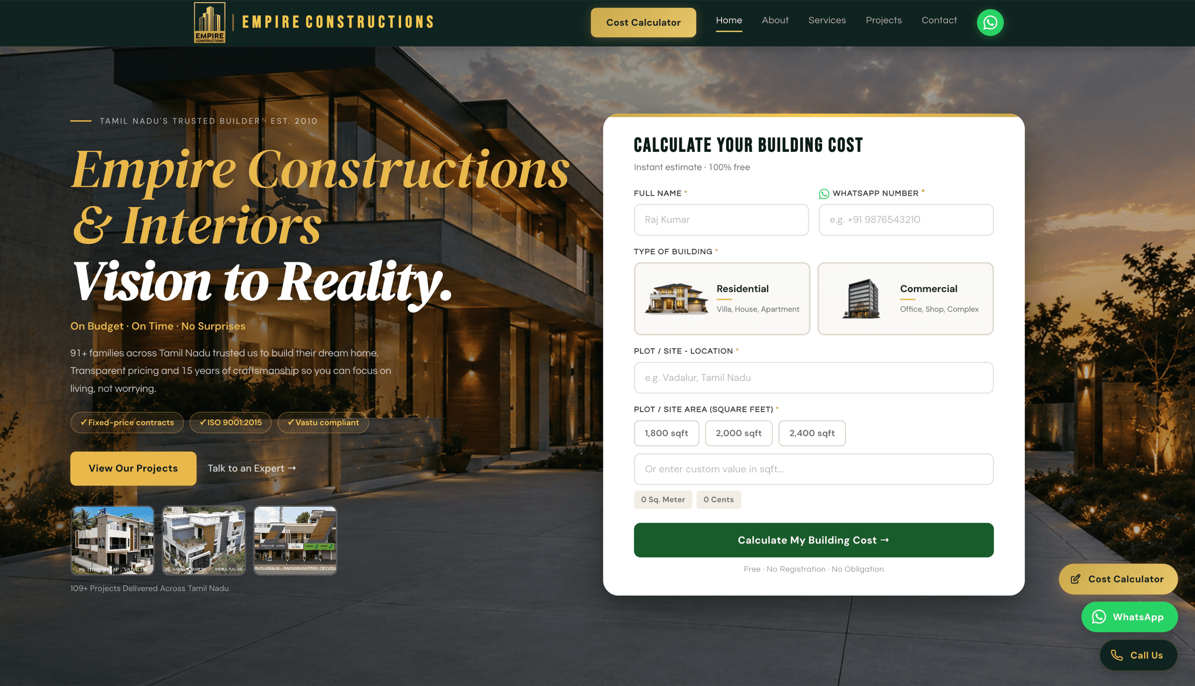 Empire Constructions website homepage showing the custom cost estimator interface
